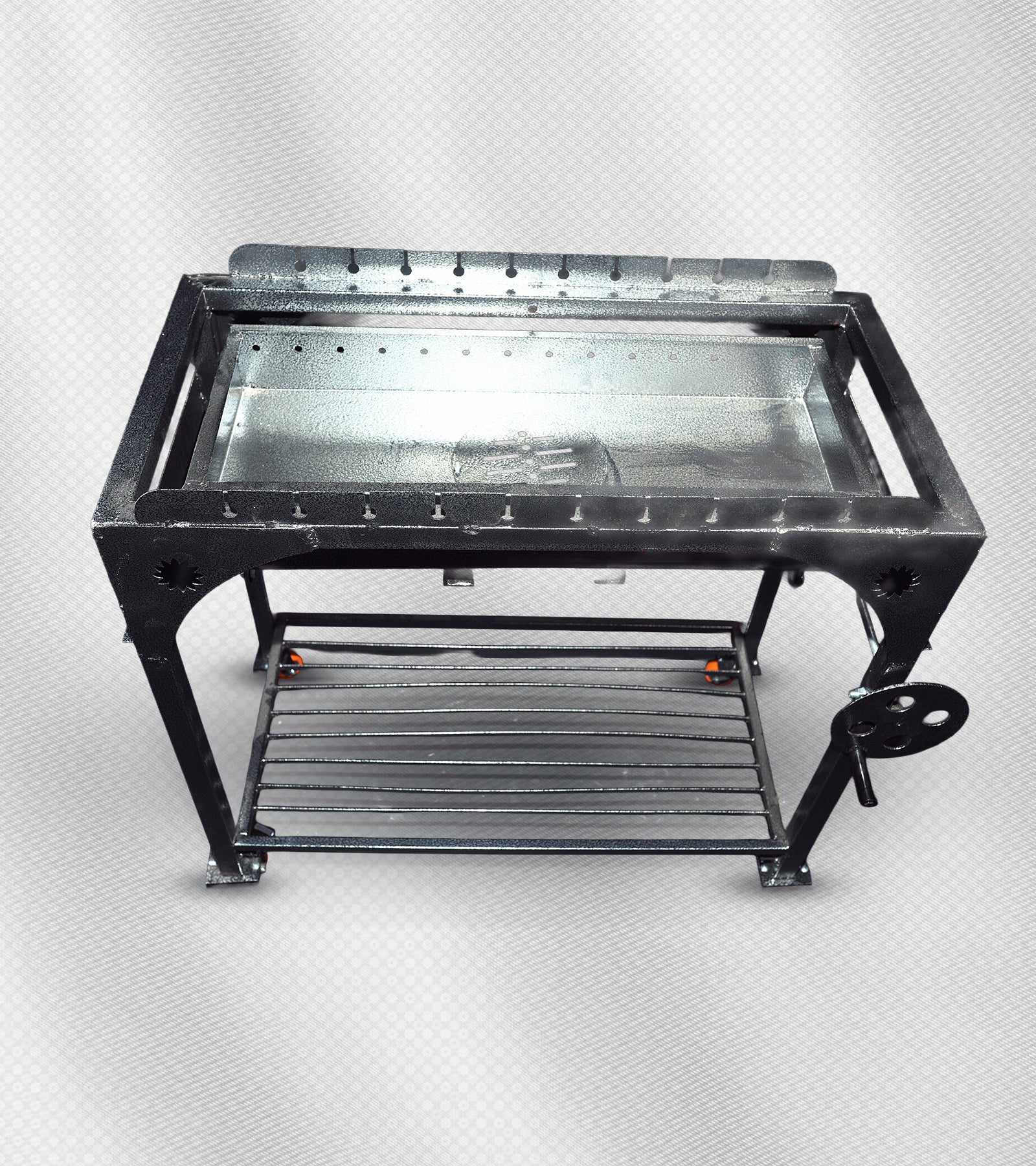 شواية فحم ذكية 2×1 – الحجم الكبير، شبك قلاب + أسياخ، فولاذ مقاوم للحرارة والصدأ