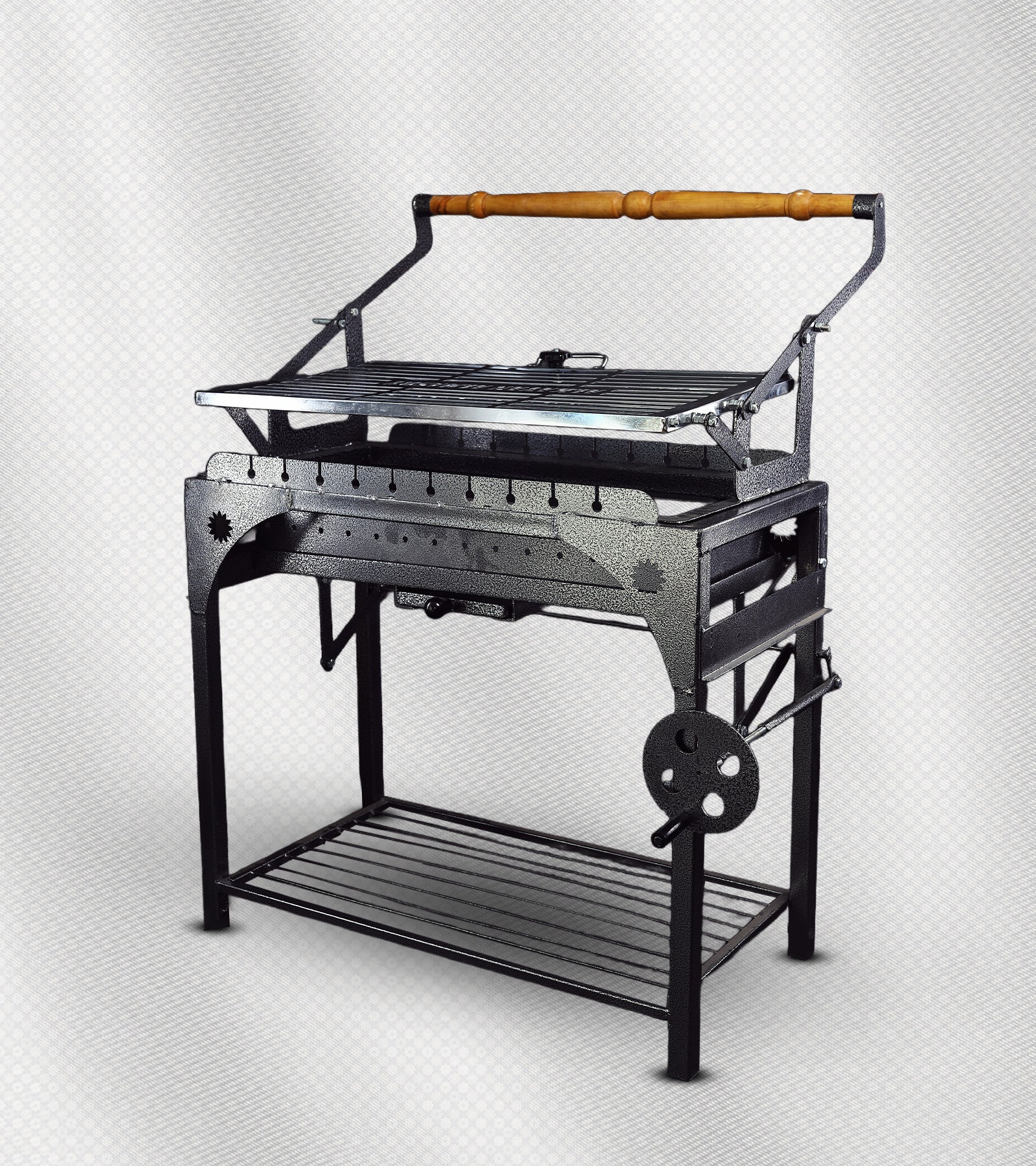 شواية فحم ذكية 2×1 – الحجم الوسط، شبك قلاب + أسياخ، فولاذ مقاوم للحرارة والصدأ