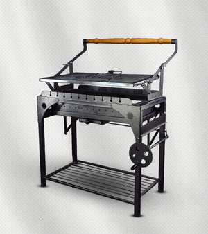 شواية فحم ذكية 2×1 – الحجم الوسط، شبك قلاب + أسياخ، فولاذ مقاوم للحرارة والصدأ