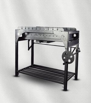 شواية فحم ذكية 2×1 – الحجم الوسط، شبك قلاب + أسياخ، فولاذ مقاوم للحرارة والصدأ