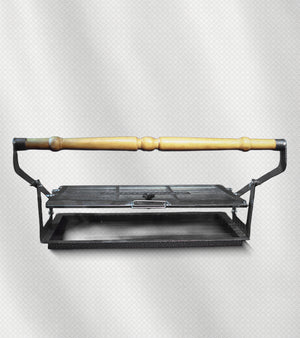 شواية فحم ذكية 2×1 – الحجم الوسط، شبك قلاب + أسياخ، فولاذ مقاوم للحرارة والصدأ