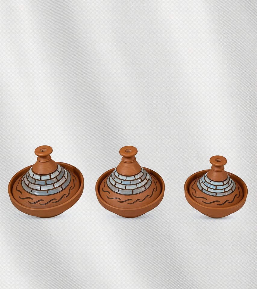 طاجين مغربي فخار طقم 3 قطع، أحجام 30، 27، 24 سم، طهي صحي وأصيل