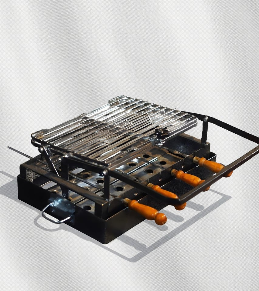 شواية فحم صغيرة 2×1 شبك قلاب + أسياخ – فولاذ مقاوم للحرارة والصدأ – مناسب للشرفات