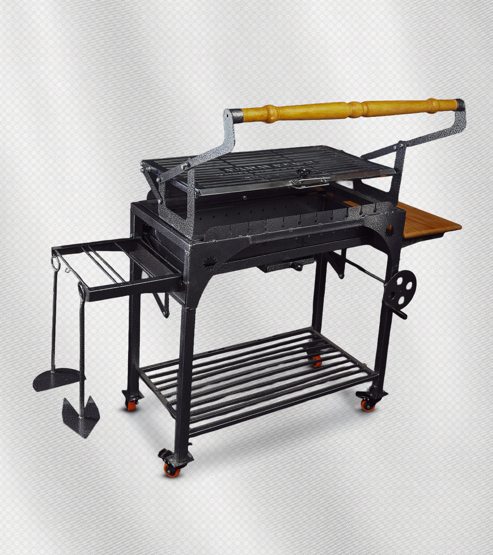 شواية فحم ذكية 2×1 – الحجم الكبير، شبك قلاب + أسياخ، فولاذ مقاوم للحرارة والصدأ

