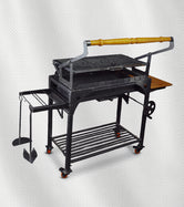 شواية فحم ذكية 2×1 – الحجم الكبير، شبك قلاب + أسياخ، فولاذ مقاوم للحرارة والصدأ

