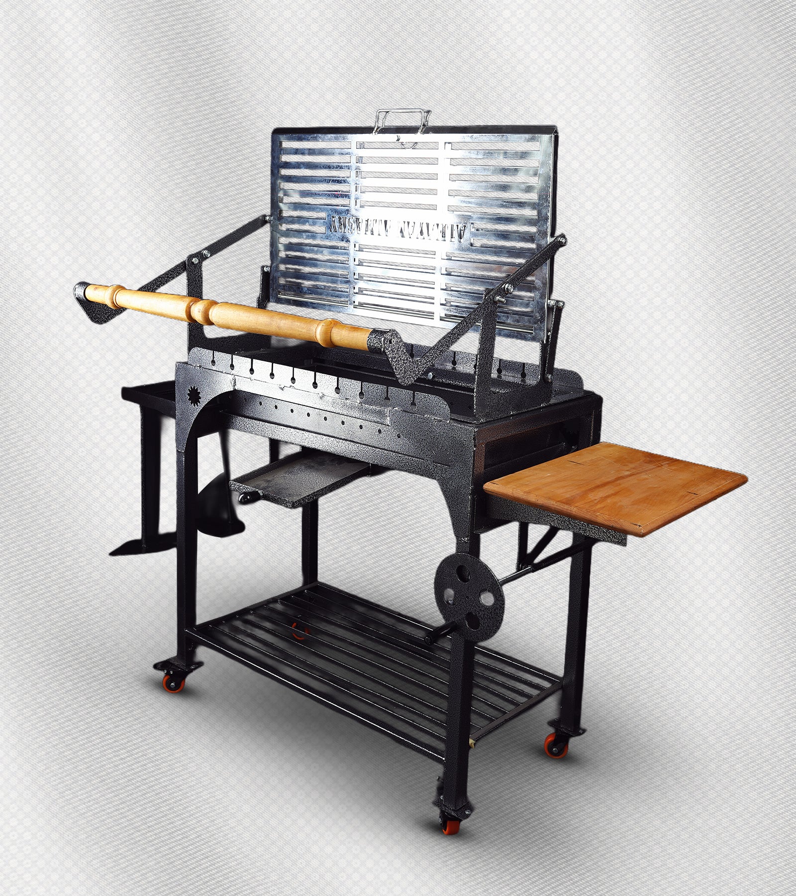 شواية فحم ذكية 2×1 – الحجم الوسط، شبك قلاب + أسياخ، فولاذ مقاوم للحرارة والصدأ