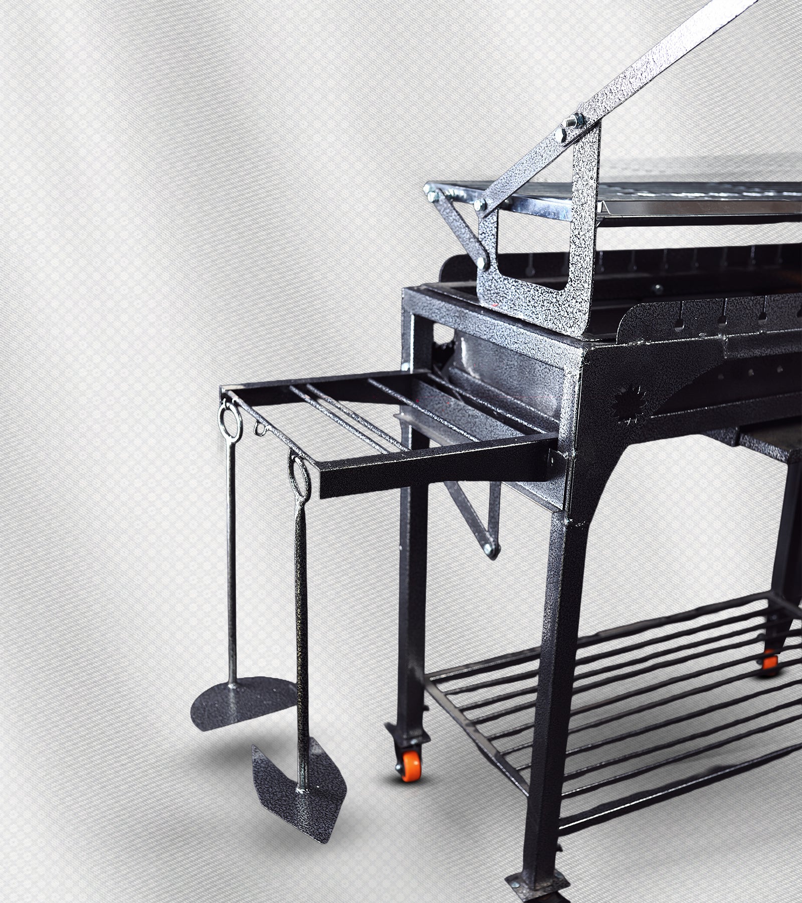 شواية فحم ذكية 2×1 – الحجم الوسط، شبك قلاب + أسياخ، فولاذ مقاوم للحرارة والصدأ