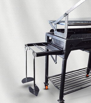 شواية فحم ذكية 2×1 – الحجم الوسط، شبك قلاب + أسياخ، فولاذ مقاوم للحرارة والصدأ