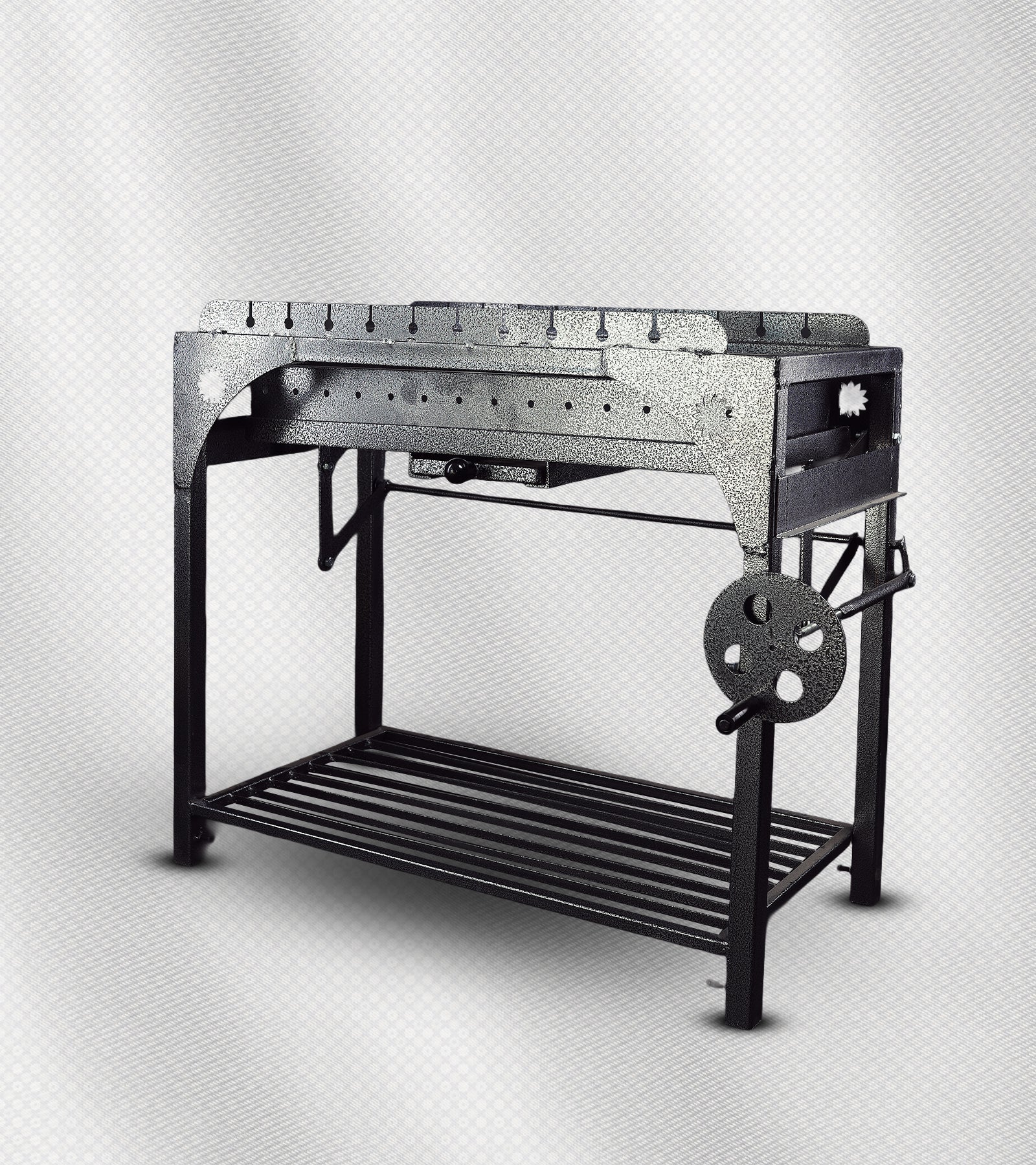 شواية فحم ذكية 2×1 – الحجم الوسط، شبك قلاب + أسياخ، فولاذ مقاوم للحرارة والصدأ