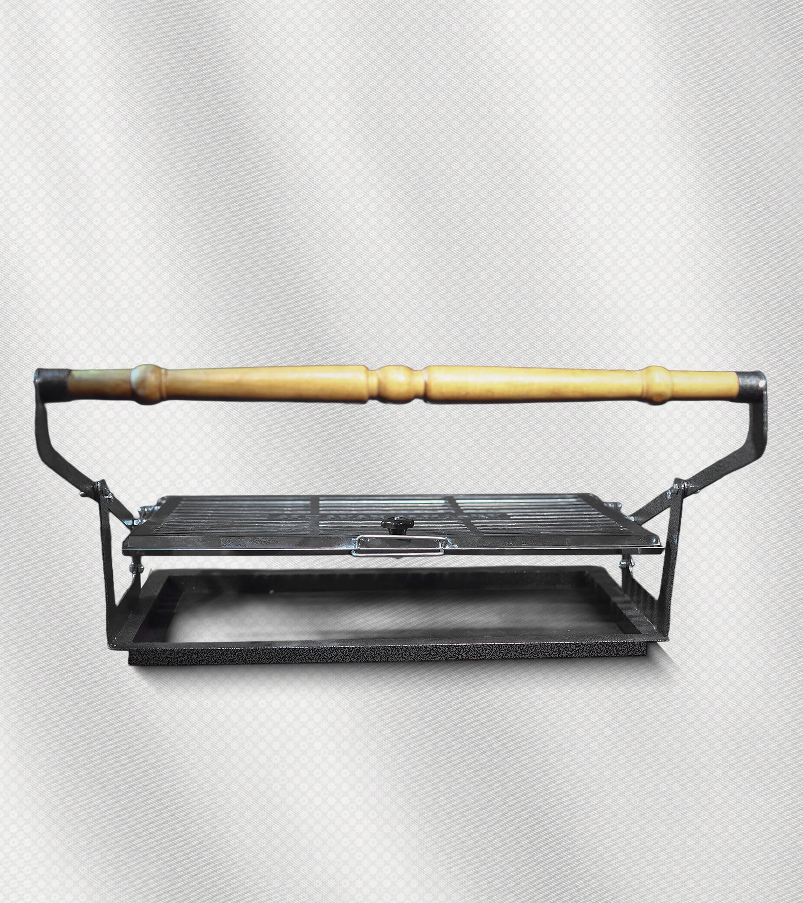 شواية فحم ذكية 2×1 – الحجم الوسط، شبك قلاب + أسياخ، فولاذ مقاوم للحرارة والصدأ