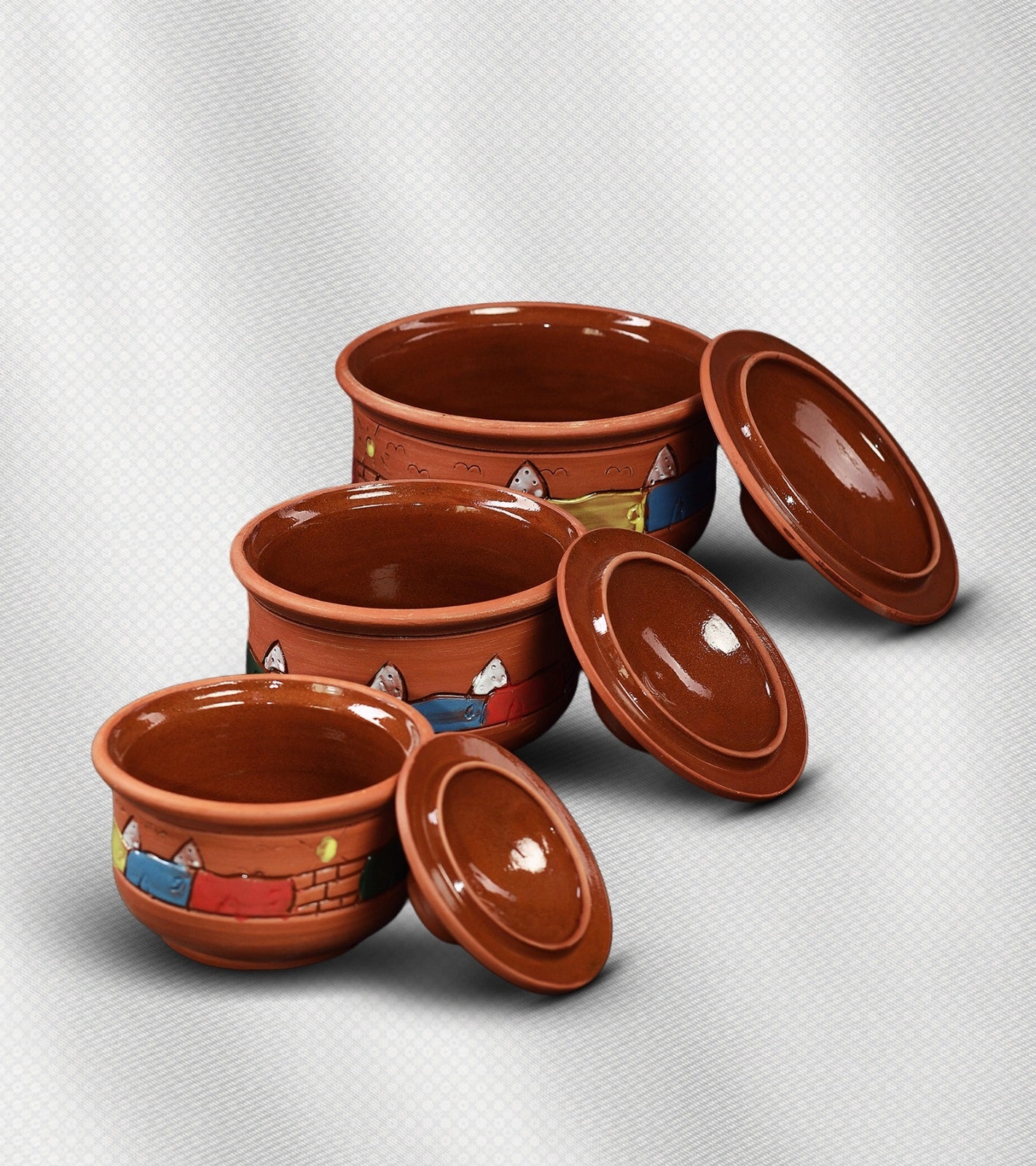 طقم الحلل الفخارية الريفي، أحجام 24، 22، 18 سم، طهي صحي وطبيعي
