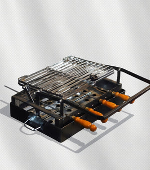 شواية فحم صغيرة 2×1 شبك قلاب + أسياخ – فولاذ مقاوم للحرارة والصدأ – مناسب للشرفات
